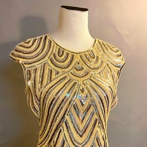 Sequin Beaded Flapper Dress Cream Nude Silver White, Stretchy & Comfy. Size M